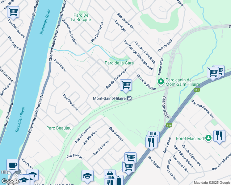 map of restaurants, bars, coffee shops, grocery stores, and more near 550 Cours de la Raffinerie in Mont-Saint-Hilaire