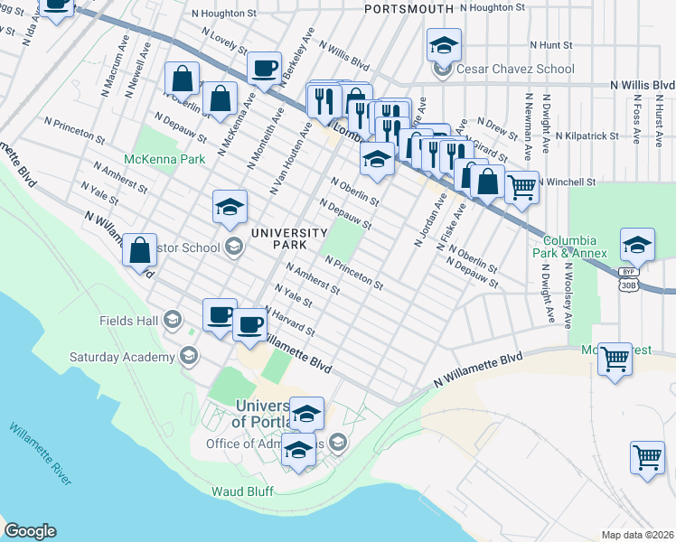 map of restaurants, bars, coffee shops, grocery stores, and more near 5200 North Princeton Street in Portland