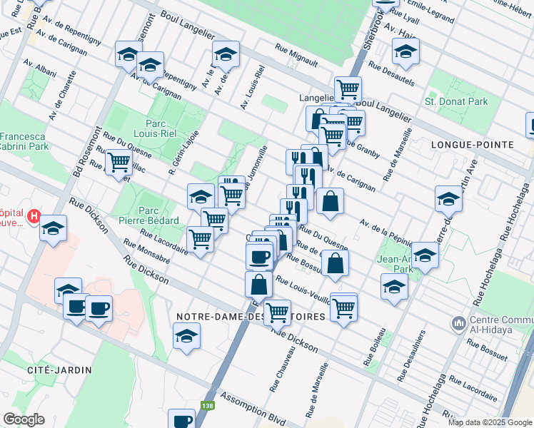 map of restaurants, bars, coffee shops, grocery stores, and more near 4022 Rue Du Quesne in Montréal