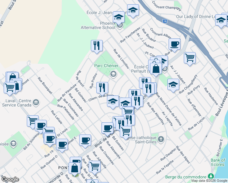 map of restaurants, bars, coffee shops, grocery stores, and more near 209 Rue du Limousin in Laval