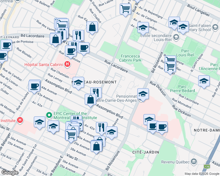 map of restaurants, bars, coffee shops, grocery stores, and more near 5600 Rue Éphrem-Longpré in Montréal