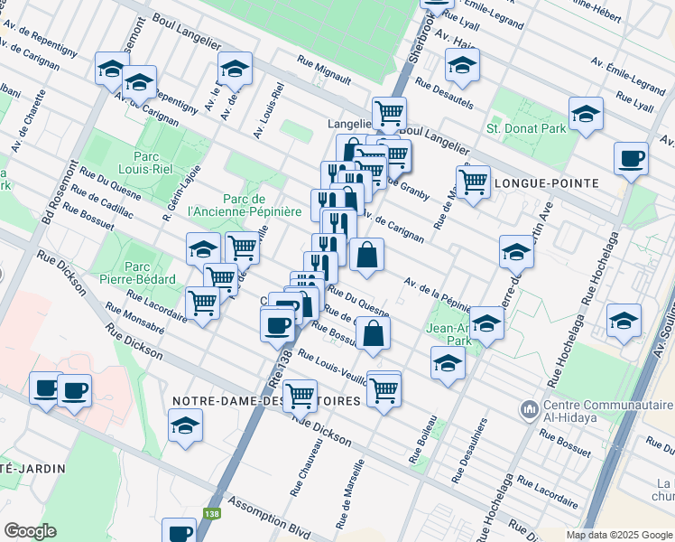 map of restaurants, bars, coffee shops, grocery stores, and more near in Montreal