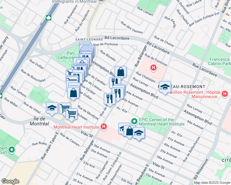 map of restaurants, bars, coffee shops, grocery stores, and more near 7030 Terrasse Sagamo in Montréal