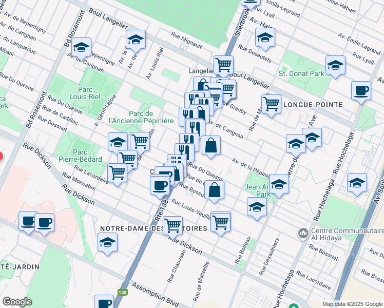 map of restaurants, bars, coffee shops, grocery stores, and more near 6070 Rue Sherbrooke Est in Montréal