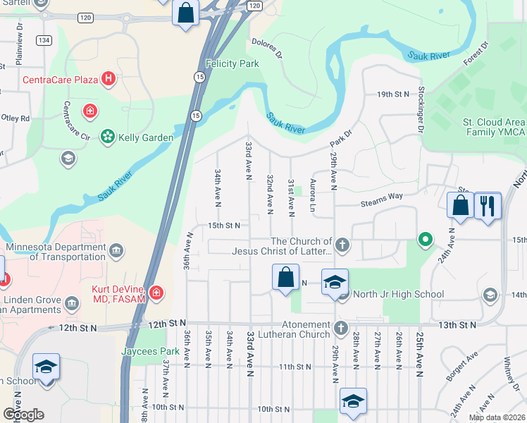 map of restaurants, bars, coffee shops, grocery stores, and more near 1507 32nd Avenue North in St. Cloud