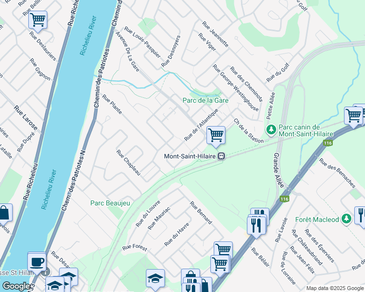 map of restaurants, bars, coffee shops, grocery stores, and more near 514 Rue de l'Atlantique in Mont-Saint-Hilaire