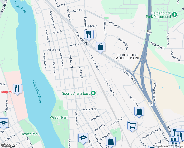 map of restaurants, bars, coffee shops, grocery stores, and more near 401 12th Street South in St. Cloud