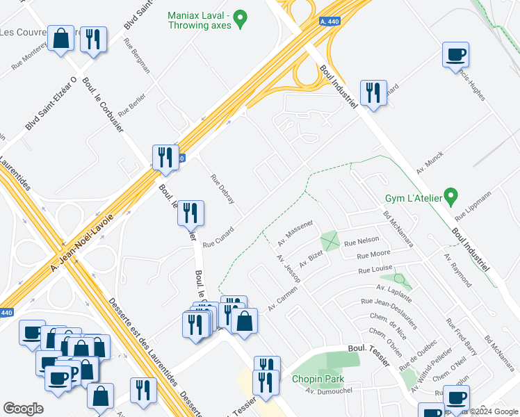 map of restaurants, bars, coffee shops, grocery stores, and more near 1730 Rue Cunard in Laval