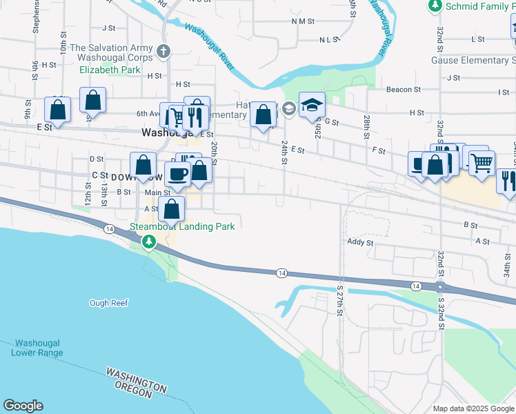 map of restaurants, bars, coffee shops, grocery stores, and more near 102 21st Court in Washougal
