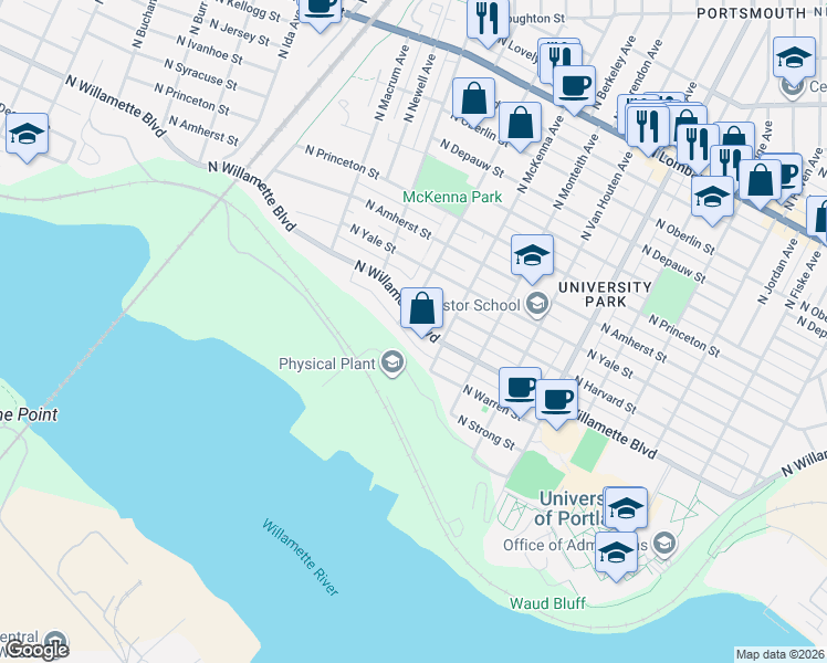 map of restaurants, bars, coffee shops, grocery stores, and more near 5924 North Willamette Lane in Portland