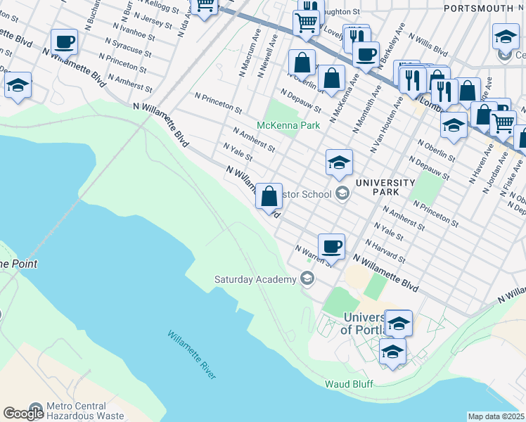 map of restaurants, bars, coffee shops, grocery stores, and more near 5924 North Willamette Lane in Portland