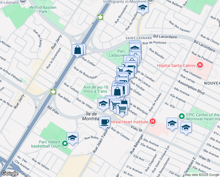 map of restaurants, bars, coffee shops, grocery stores, and more near 7407 Rue Follereau in Montréal