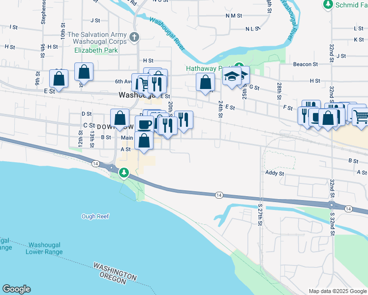 map of restaurants, bars, coffee shops, grocery stores, and more near 102 21st Court in Washougal