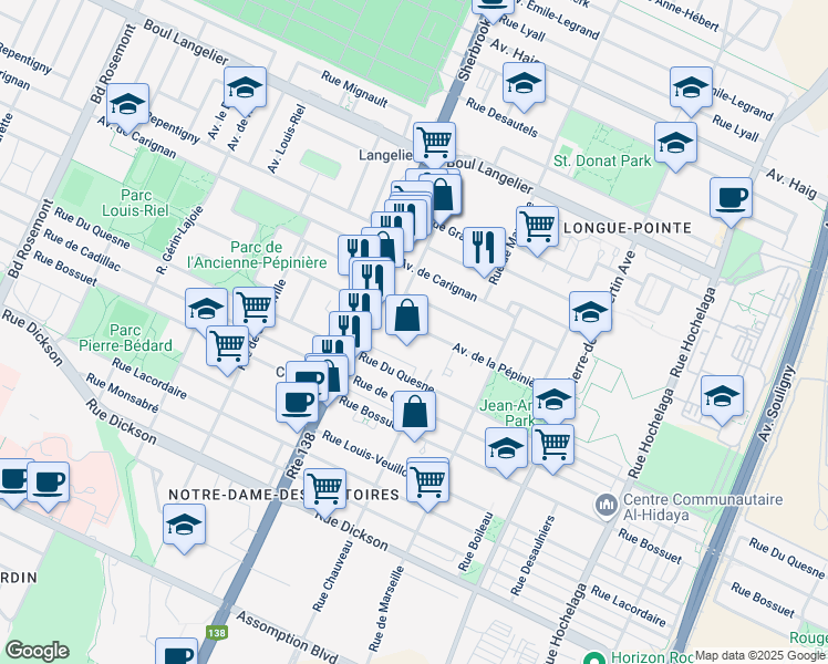 map of restaurants, bars, coffee shops, grocery stores, and more near 3270 Avenue de la Pépinière in Montreal