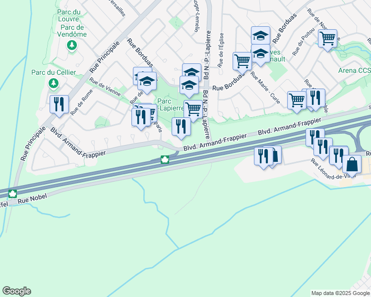 map of restaurants, bars, coffee shops, grocery stores, and more near 2105 Boulevard Armand-Frappier in Sainte-Julie