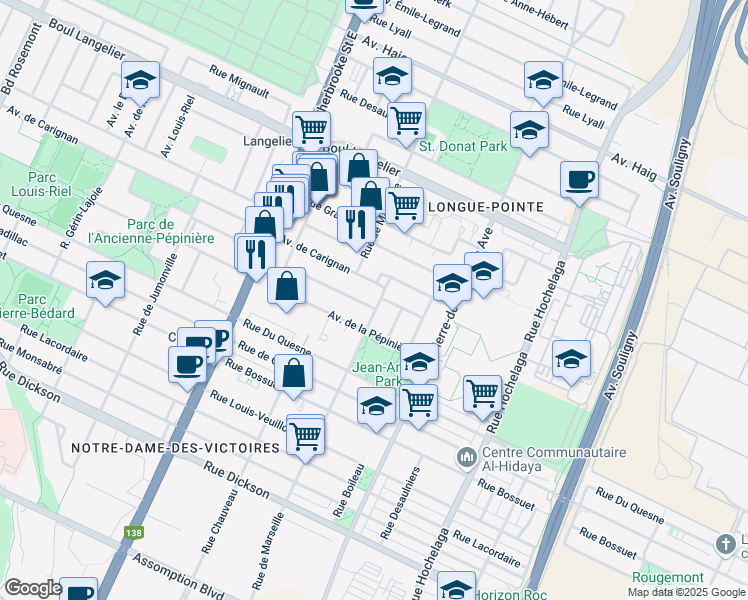 map of restaurants, bars, coffee shops, grocery stores, and more near 6295 Rue de Marseille in Montréal