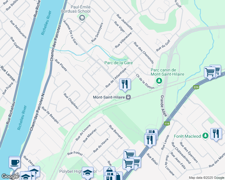 map of restaurants, bars, coffee shops, grocery stores, and more near 543 Cours de la Raffinerie in Mont-Saint-Hilaire