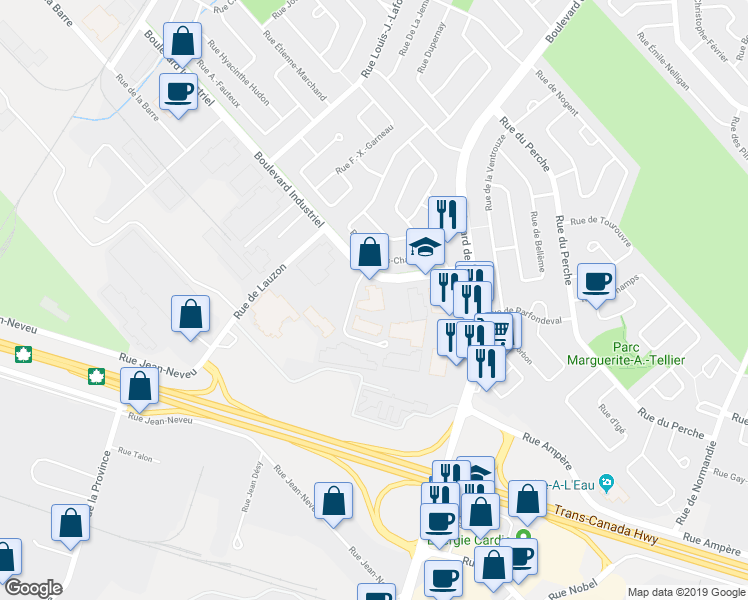 map of restaurants, bars, coffee shops, grocery stores, and more near 240 Boulevard Industriel in Boucherville