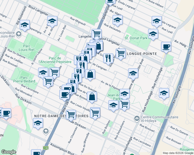 map of restaurants, bars, coffee shops, grocery stores, and more near 3205 Avenue de la Pépinière in Montréal