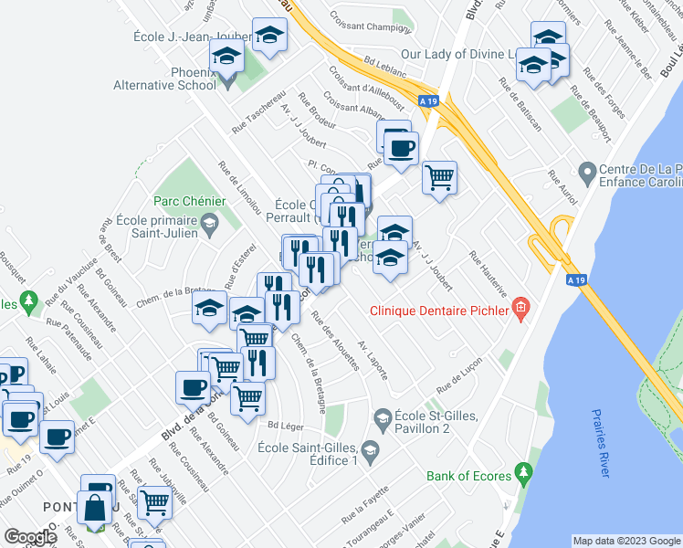 map of restaurants, bars, coffee shops, grocery stores, and more near 1616 Boulevard de la Concorde Est in Laval