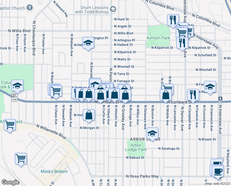 map of restaurants, bars, coffee shops, grocery stores, and more near in Portland