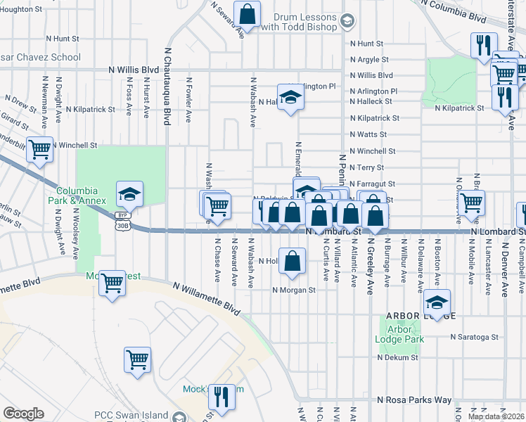 map of restaurants, bars, coffee shops, grocery stores, and more near 3347 North Lombard Street in Portland