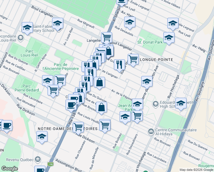 map of restaurants, bars, coffee shops, grocery stores, and more near 3205 Avenue de la Pépinière in Montréal