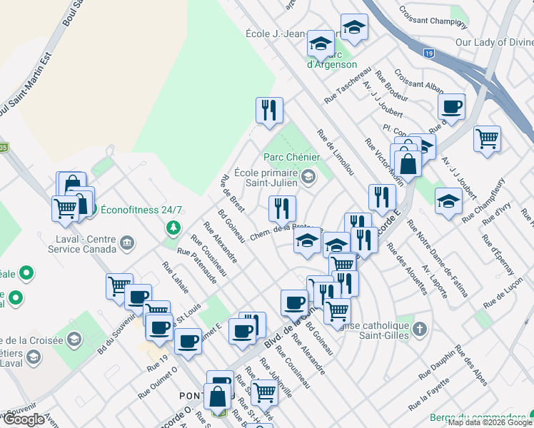 map of restaurants, bars, coffee shops, grocery stores, and more near 165 Rue de Vendée in Laval