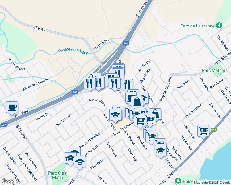 map of restaurants, bars, coffee shops, grocery stores, and more near 480 25e Avenue in Saint-Eustache