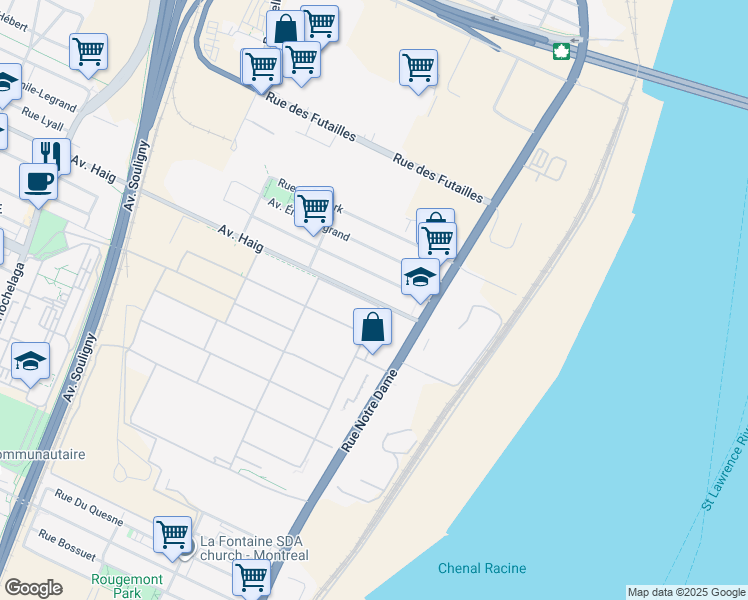 map of restaurants, bars, coffee shops, grocery stores, and more near 629 Haig Avenue in Montreal