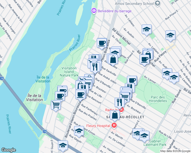 map of restaurants, bars, coffee shops, grocery stores, and more near 2500 Boulevard Henri-Bourassa Est in Montréal