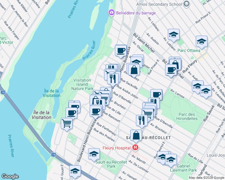 map of restaurants, bars, coffee shops, grocery stores, and more near 2500 Boulevard Henri-Bourassa Est in Montréal
