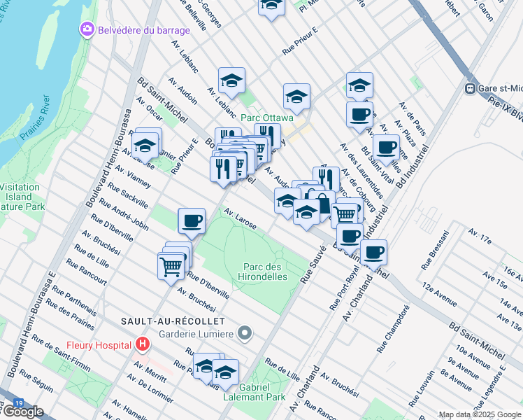 map of restaurants, bars, coffee shops, grocery stores, and more near Rue J J Gagnier in Montréal