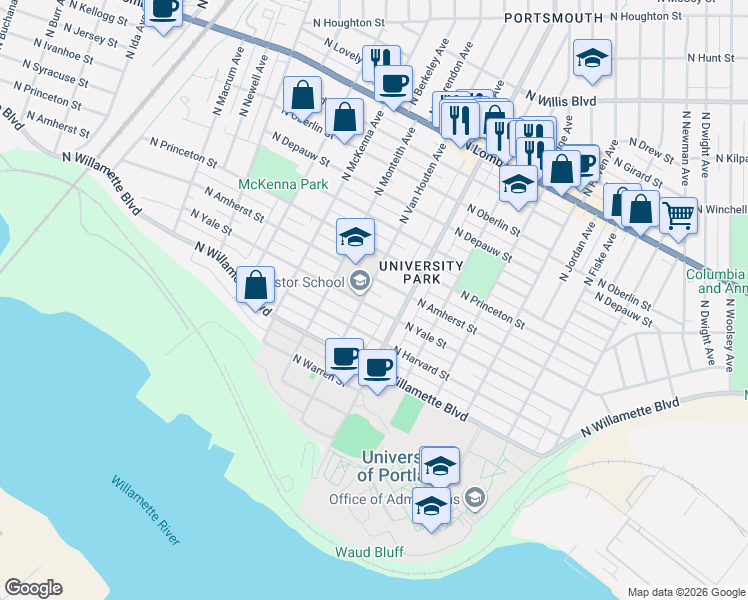 map of restaurants, bars, coffee shops, grocery stores, and more near 5330 North Yale Street in Portland