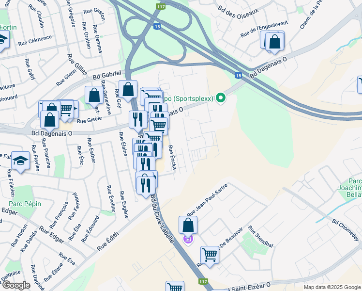 map of restaurants, bars, coffee shops, grocery stores, and more near 423 Rue Éricka in Laval