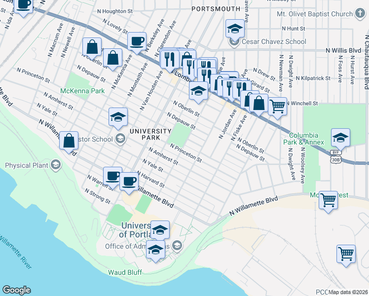 map of restaurants, bars, coffee shops, grocery stores, and more near 7038 North Hodge Avenue in Portland