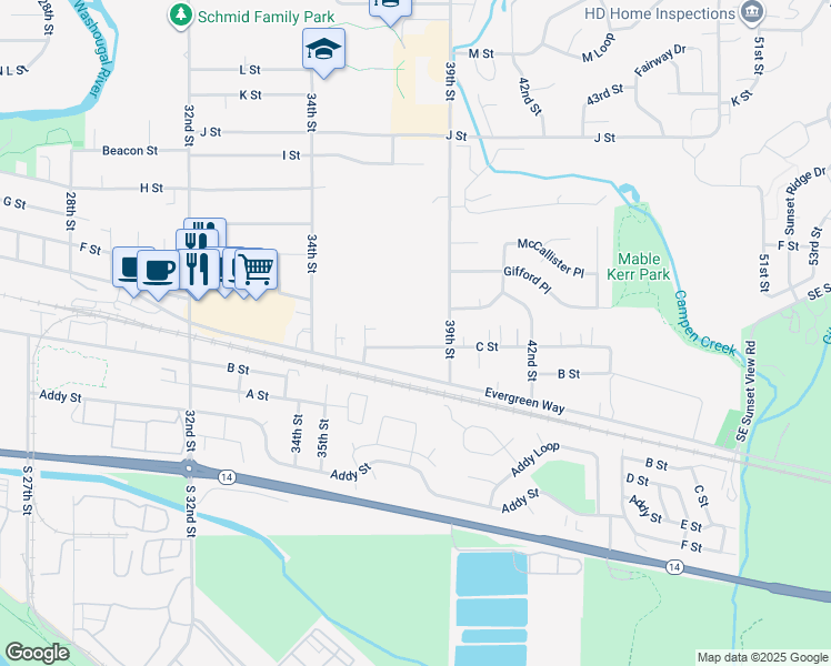 map of restaurants, bars, coffee shops, grocery stores, and more near 3774 C Street in Washougal