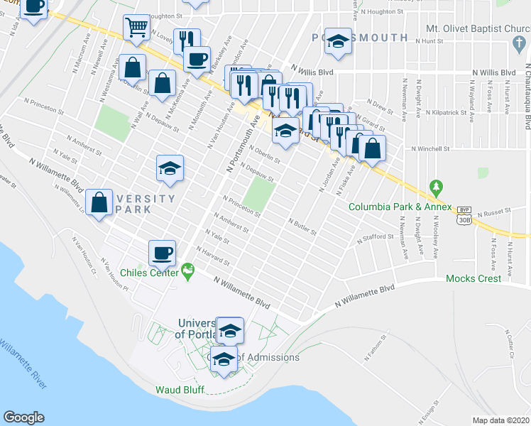 map of restaurants, bars, coffee shops, grocery stores, and more near 7038 North Hodge Avenue in Portland