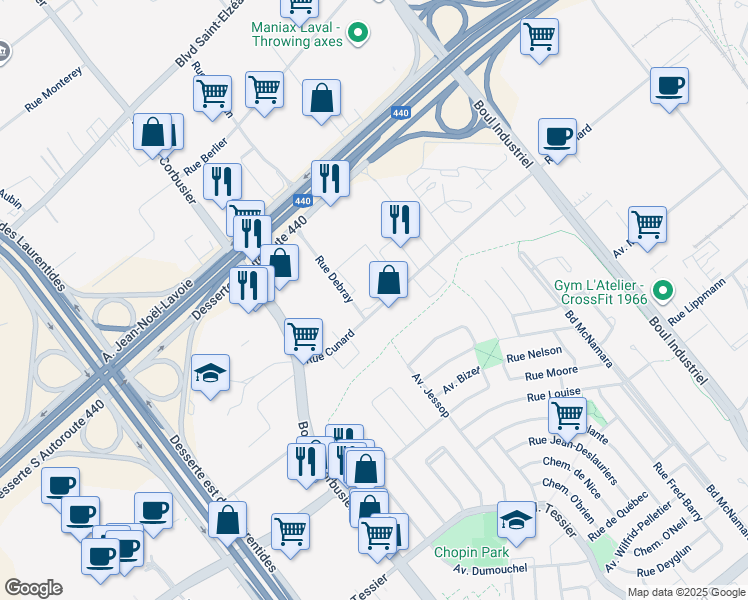 map of restaurants, bars, coffee shops, grocery stores, and more near 1751 Rue Cunard in Laval