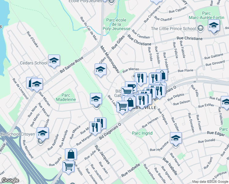 map of restaurants, bars, coffee shops, grocery stores, and more near 668 Montée Montrougeau in Laval