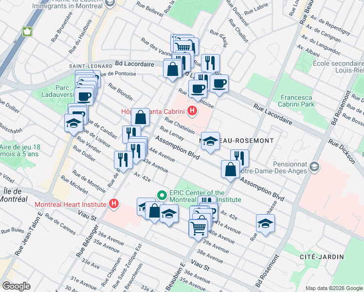 map of restaurants, bars, coffee shops, grocery stores, and more near 6779 Boulevard de l'Assomption in Montréal