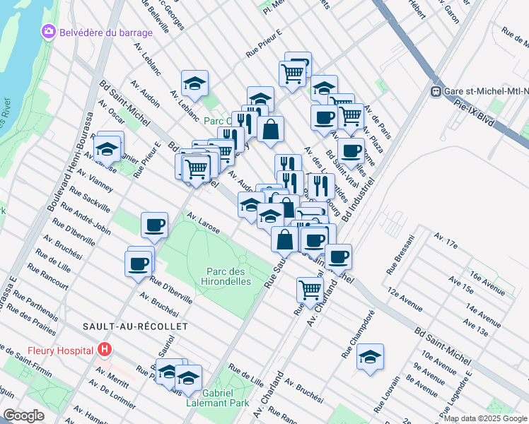 map of restaurants, bars, coffee shops, grocery stores, and more near 10000 Avenue Audoin in Montréal