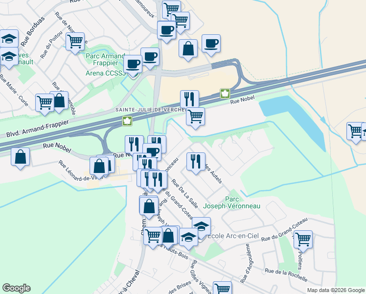 map of restaurants, bars, coffee shops, grocery stores, and more near 601 Rue du Ponceau in Sainte-Julie