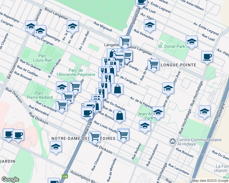 map of restaurants, bars, coffee shops, grocery stores, and more near 3280 Avenue de la Pépinière in Montréal