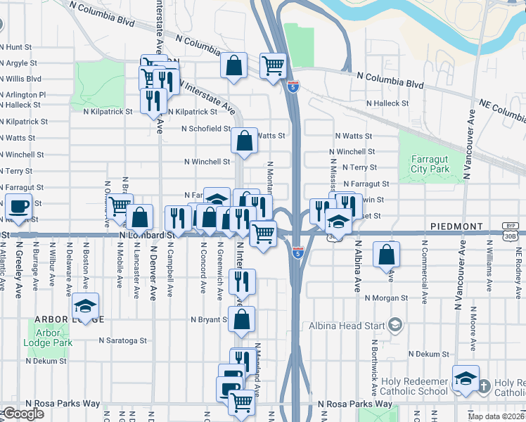 map of restaurants, bars, coffee shops, grocery stores, and more near 1405 U.S. 30 Bypass in Portland