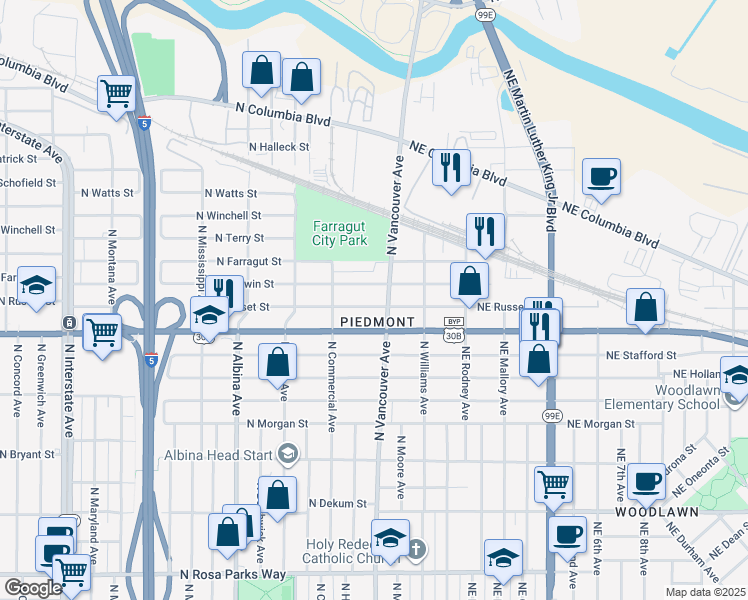 map of restaurants, bars, coffee shops, grocery stores, and more near 227 North Russet Street in Portland