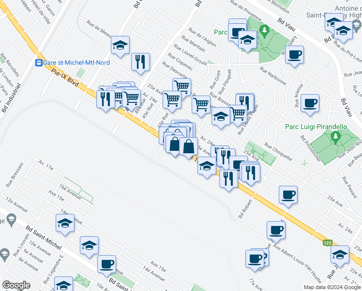map of restaurants, bars, coffee shops, grocery stores, and more near 8927 Québec 125 in Montréal