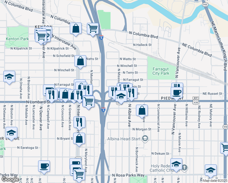 map of restaurants, bars, coffee shops, grocery stores, and more near 963 North Lombard Street in Portland