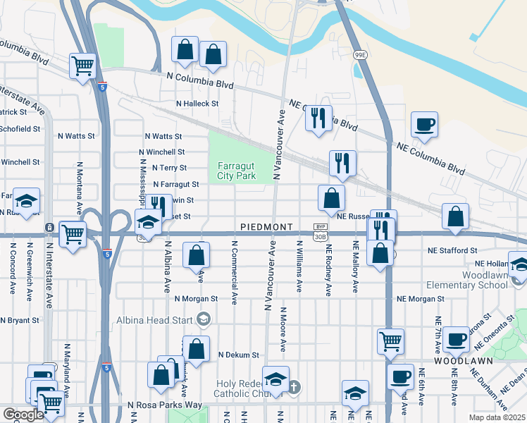map of restaurants, bars, coffee shops, grocery stores, and more near 227 North Russet Street in Portland