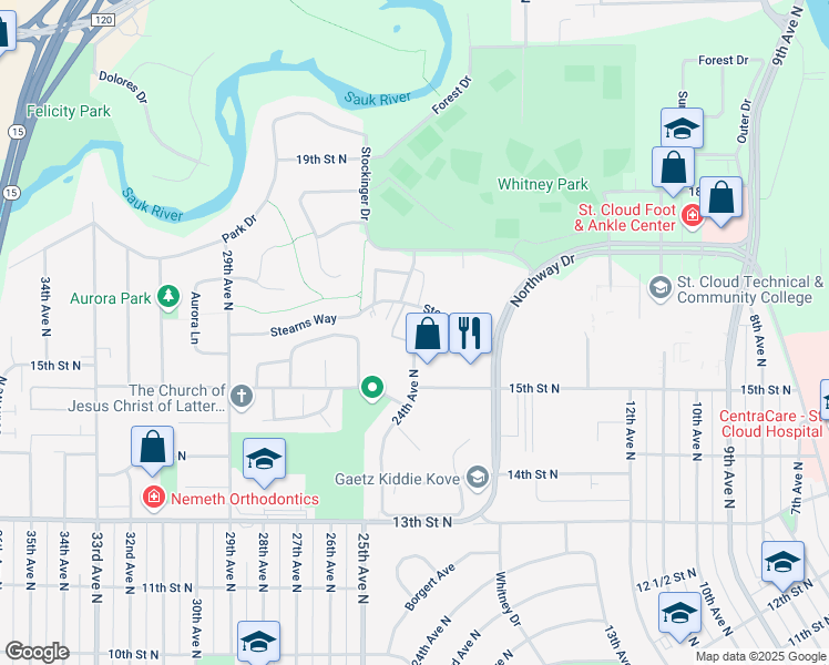 map of restaurants, bars, coffee shops, grocery stores, and more near 1517 24th Avenue North in Saint Cloud